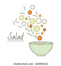 Vector illustration of salad preparing: bowl and chopped vegetables mix on white background. Healthy food and lifestyle topic.