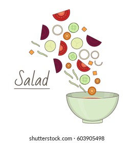 Vector illustration of salad preparing: bowl and chopped vegetables mix on white background. Healthy food and lifestyle topic.