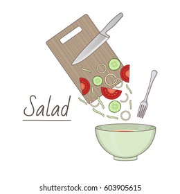 Vector illustration of salad preparing: bowl and chopped vegetables mix on white background. Healthy food and lifestyle topic.