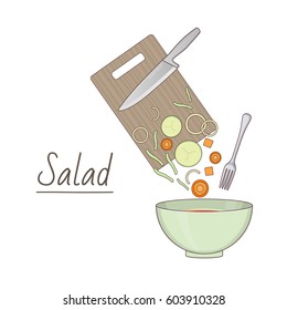 Vector illustration of salad preparing: bowl and chopped vegetables mix on white background. Healthy food and lifestyle topic.
