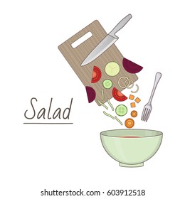 Vector illustration of salad preparing: bowl and chopped vegetables mix on white background. Healthy food and lifestyle topic.