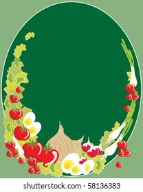 vector illustration of salad vegetables with lettuce tomatoes boiled eggs radish and onions on a green background