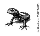 Vector illustration of a salamander in the style of a black-and-white vintage engraving with detailed line and texture work, an elegant and refined drawing for print and design