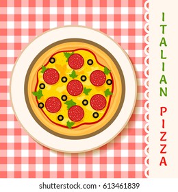 vector illustration of a salami pizza on a plate
