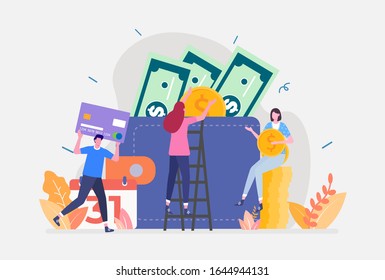 Vector Illustration, Salary Payment Concept, Showing a group of people celebrating salary payment day, Suitable for landing page, UI, web, App intro card, editorial, flyer,and banner