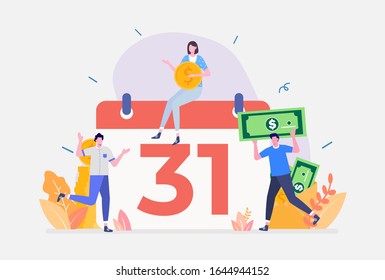 Vector Illustration, Salary Payment Concept, Showing a group of people celebrating salary payment day, Suitable for landing page, UI, web, App intro card, editorial, flyer,and banner