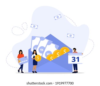 Ilustración vectorial, concepto de pago salarial, mostrando a un grupo de personas celebrando el día de pago de salarios, 
Adecuado para página de inicio, UI, web, tarjeta de introducción de aplicaciones, editorial, volante y banner
