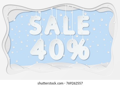 vector illustration of sale 40 percent lettering hanging on rope as layered paper cutting art design