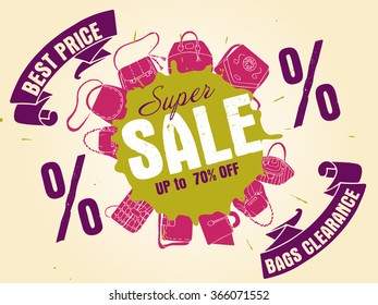 Vector illustration of Sale bags collection in purple, green and beige colors. Can be used for poster, advertising, web.