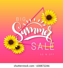 vector illustration of sale banner with hand lettering text, triangle frame and sunflower flowers.