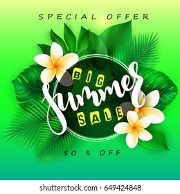 vector illustration of sale banner with hand lettering text, round frame, tropical leaves - monstera , palm, aralia and plumeria flowers.