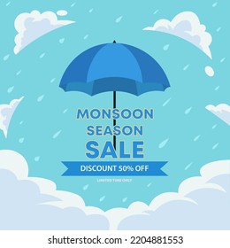 Vector illustration, sale banner, poster or flyer for Monsoon season with rain drops.