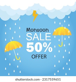 Vector illustration, sale banner, poster or flyer for Monsoon season with rain drops.