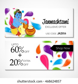 Vector illustration of a Sale Banner/Header with cute Baby Krishna for Happy Krishna Janmashtami.