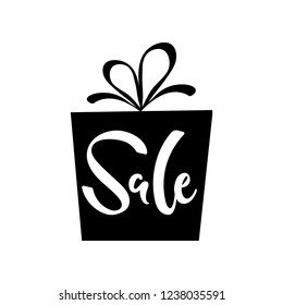 Vector illustration, sale hand drawn lettering with black gift box silhouette. Applicable for promotion banners, flyers, brochures, signboards.