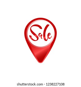 Vector illustration, sale hand drawn lettering. Minimalistic style, letters on a red map pin. Applicable for banners, flyers, brochures, signboards. Can illustrate "Sale is here" concept