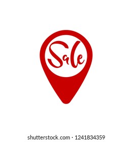 Vector illustration, sale hand drawn lettering. Minimalistic style, red letters on a map pin. Applicable for promo banners, flyers, brochures, signboards. Can illustrate "Sale is here" concept