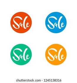 Vector illustration, sale hand drawn lettering set. Minimalistic style, white letters on colored circles: red, mint green, orange and blue. Applicable for sale banners, flyers, brochures, signboards.