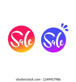 Vector illustration, sale hand drawn lettering. Minimalistic style, white letters on gradiented blue and violet, orange and pink circles. Applicable for sale banners, flyers, brochures, signboards.