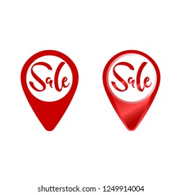 Vector illustration, sale hand drawn lettering. Minimalistic style, letters on a red map pin. Applicable for banners, flyers, brochures, signboards. Can illustrate "Sale is here" concept