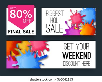 Vector illustration of a sale header for colorful festival of Holi.
