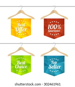 Vector illustration sale labels on hangers set. The concept of seasonal sales