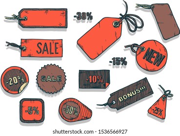Vector illustration of sale labels set stylized as engraving  on white background.