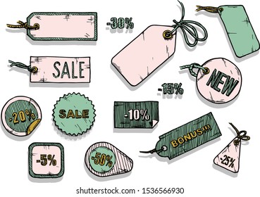 Vector illustration of sale labels set stylized as engraving  on white background.