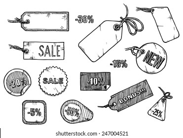 Vector illustration of sale labels set stylized as engraving.