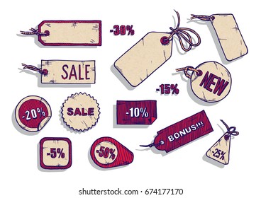 Vector illustration of sale labels set stylized as engraving