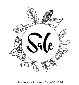 Vector illustration, sale lettering inside the line floral wreath. Minimalistic line style with black letters. Applicable for promotion banners, flyers, brochures, signboards.