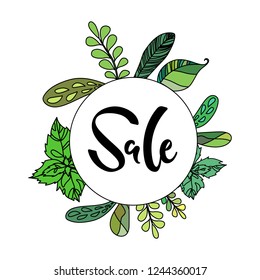 Vector illustration, sale lettering inside the line floral wreath. Minimalistic style with black letters. Applicable for promotion banners, flyers, brochures, signboards.