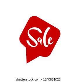Vector illustration, sale lettering. Minimalistic style, white letters on a red geometric speech bubble. Applicable for banners, flyers, broshures. Can illustrate "Sale is here" concept