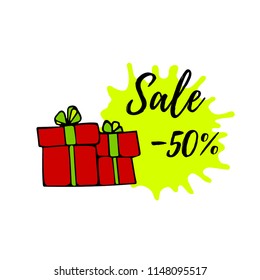 Vector Illustration. Sale offer banner. Sale poster with Sale 30% 50% lettering.   sale tag design with bright gift and hand drawn paint background.