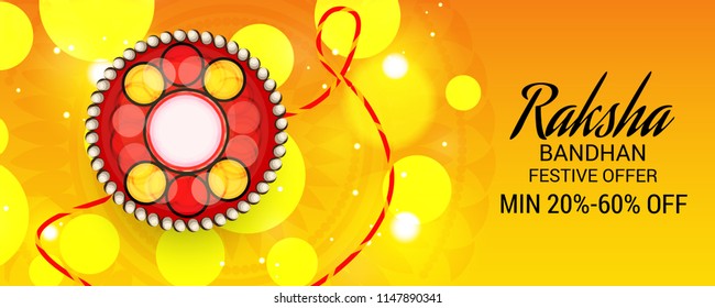 Vector illustration of a Sale and promotion banner poster with Decorative Rakhi for Indian Festival Raksha Bandhan Celebration of brother and sister bonding.