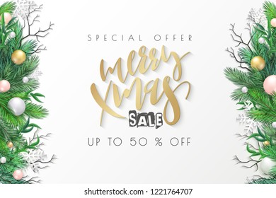 Vector illustration of sale promotion banner template with hand lettering label - merry xmas - with realistic fir-tree branches, bauble, snowflakes, and decorative bead branches.