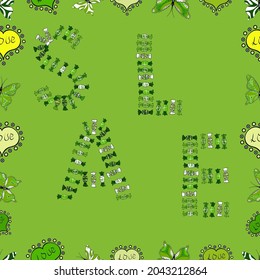 Vector illustration. Sale promotion sign, Online shopping discount, Entrepreneur and e-business commerce, Dressmaker and fashion business. Seamless. Picture in yellow, black and green colors.
