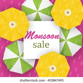 Vector illustration, sale, special offer banner,   poster for Monsoon, autumn, fall season with colorful umbrellas and rain drops with text copy space background
