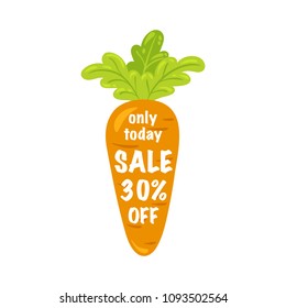 Vector illustration, sale tag design with a carrot in a cartoon style.