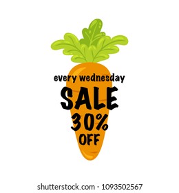 Vector illustration, sale tag design with a carrot in a cartoon style.