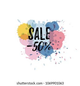 Vector illustration, Sale tag with paint drops background. Sale -50% text.