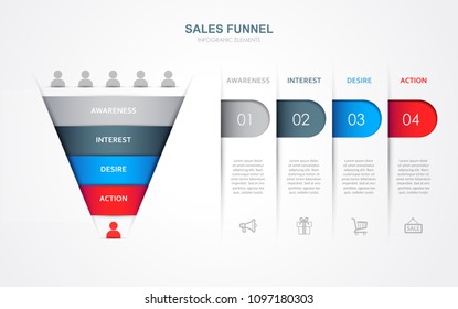 Vector illustration with sales funnel elements. Business infographics template.