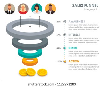 Vector illustration with sales funnel elements. Business infographics template. Vector illustration with sales funnel elements. Business infographics template.