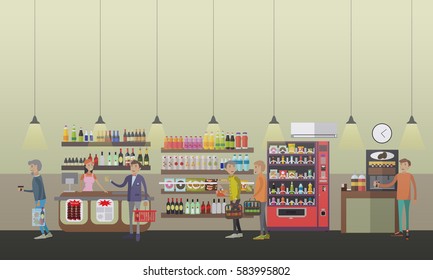 Vector illustration of salesgirl, people shopping, making coffee using coffee machine, food machine. Coffee shop concept design elements in flat style.