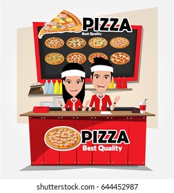 Vector illustration of a salesman in a Pizza restaurant, smiling customer. to demonstrate the Pizza and advertising products.