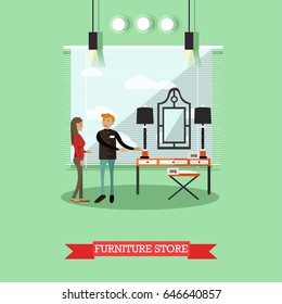 Vector illustration of salesman showing dressing table to buyer young woman. Furniture store concept design element in flat style.