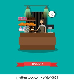 Vector illustration of saleswoman standing at counter. Bakery store concept design element in flat style.