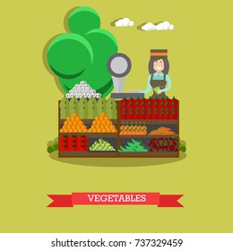 Vector illustration of saleswoman standing at market stall with vegetables. Flat style design.