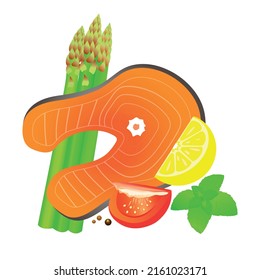 vector illustration of salmon with asparagus and lemon on white background