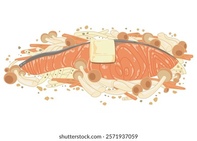 vector illustration of salmon dishes with carrots, mushrooms and butter on top
